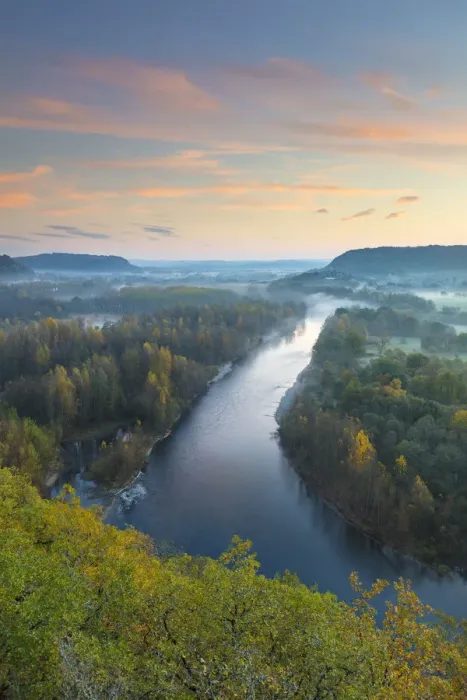Framed Print : Aerial view of the Dordogne Valley & Dordogne river on a misty morning in autumn, Lot Framed Print : Aerial view of the Dordogne Valley & Dordogne river on a misty morning in autumn, Lot