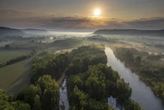 Framed Print : Aerial view of the Dordogne Valley & Dordogne river at sunsrise, Lot, Midi-Pyrenees