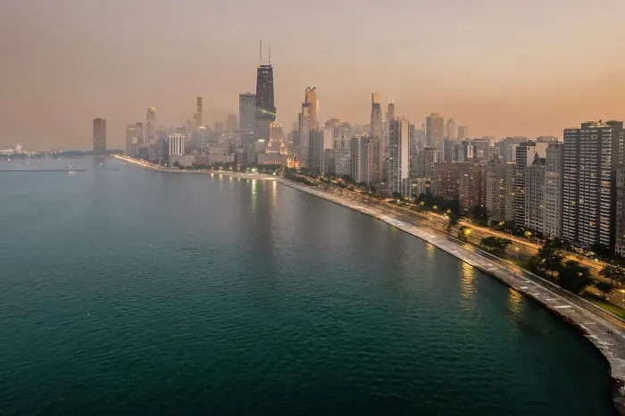 Framed Print : Aerial view over downtown skyline at sunset from Lake Michigan, Chicago, Illinois, USA Framed Print : Aerial view over downtown skyline at sunset from Lake Michigan, Chicago, Illinois, USA