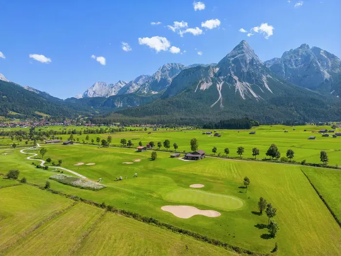 Framed Print : Aerial view at Ehrwald golf course with Mieminger mountains, Tyrol, Austria