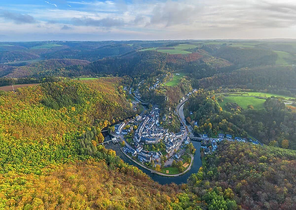 Aerial view at Esch-sur-Sure, canton Wiltz, Diekirch, Luxembourg