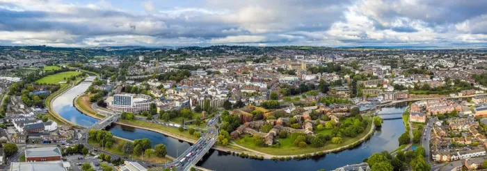 Framed Print : Aerial view over Exeter city centre and the river Exe, Devon, England Framed Print : Aerial view over Exeter city centre and the river Exe, Devon, England