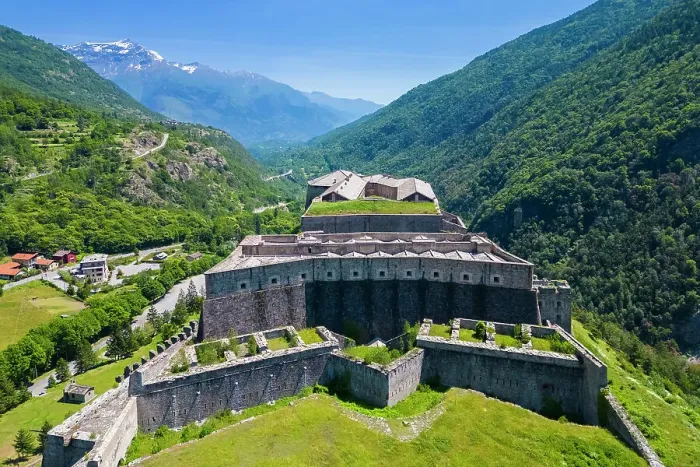 Framed Print : Aerial view of the Exilles fortress watching over Susa valley. Exilles, Susa Valley, Turin, Piedmont, Italy