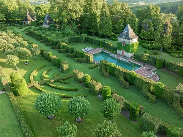 Framed Print : Aerial view of Eyrignac pigeon tower, pool & gardens, Dordogne, Nouvelle Aquitaine, France Framed Print : Aerial view of Eyrignac pigeon tower, pool & gardens, Dordogne, Nouvelle Aquitaine, France