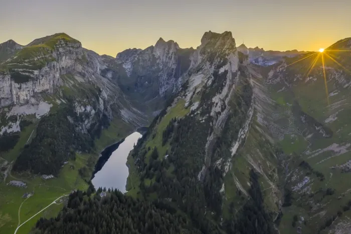 Framed Print : Aerial view of Falensee at sunset, Wasserauen, Canton Appenzell Innerrhoden, Alpstein Framed Print : Aerial view of Falensee at sunset, Wasserauen, Canton Appenzell Innerrhoden, Alpstein