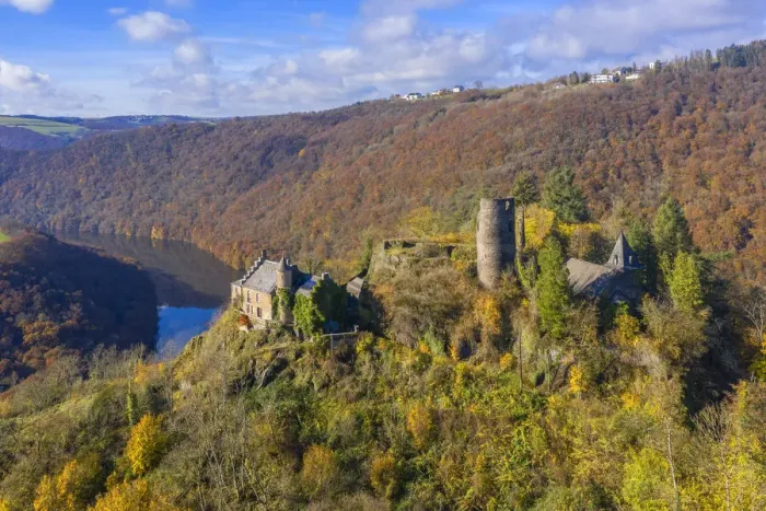 Framed Print : Aerial view at Falkenstein castle ruin with Our valley, Eifel, Rhineland-Palatinate Framed Print : Aerial view at Falkenstein castle ruin with Our valley, Eifel, Rhineland-Palatinate