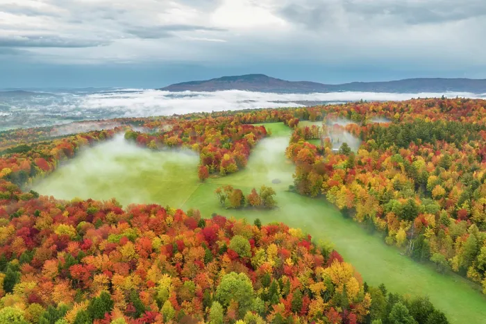 Framed Print : Aerial view of fall foliage with fog, Green Mountains, Morristown, Vermont, USA Framed Print : Aerial view of fall foliage with fog, Green Mountains, Morristown, Vermont, USA