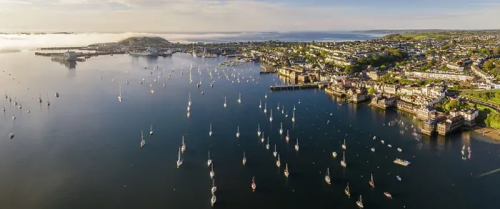 Framed Print : Aerial view of Falmouth and the Penryn River, Flushing, Cornwall, England. Spring (May) 2023