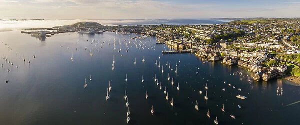 Aerial view of Falmouth and the Penryn River, Flushing, Cornwall, England. Spring (May) 2023
