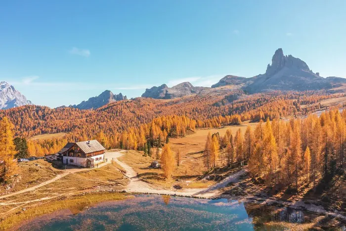 Framed Print : Aerial view from the Federa Lake of Rifugio Palmieri and the Dolomite peaks, Lake Federa, Dolomites, Municipality of Cortina d'Ampezzo, Belluno province, Veneto, Italy Framed Print : Aerial view from the Federa Lake of Rifugio Palmieri and the Dolomite peaks, Lake Federa, Dolomites, Municipality of Cortina d'Ampezzo, Belluno province, Veneto, Italy