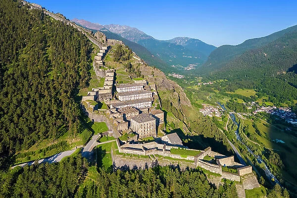Aerial view of the Fenestrelle fortress watching over Chisone Valley. Orsiera Rocciavre Park, Chisone Valley, Turin, Piedmont, Italy