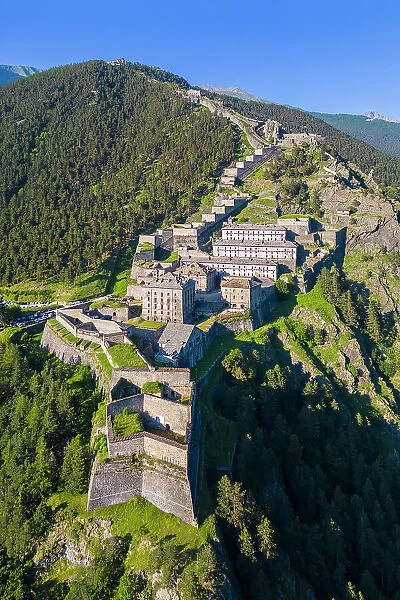 Aerial view of the Fenestrelle fortress watching over Chisone Valley. Orsiera Rocciavre Park, Chisone Valley, Turin, Piedmont, Italy