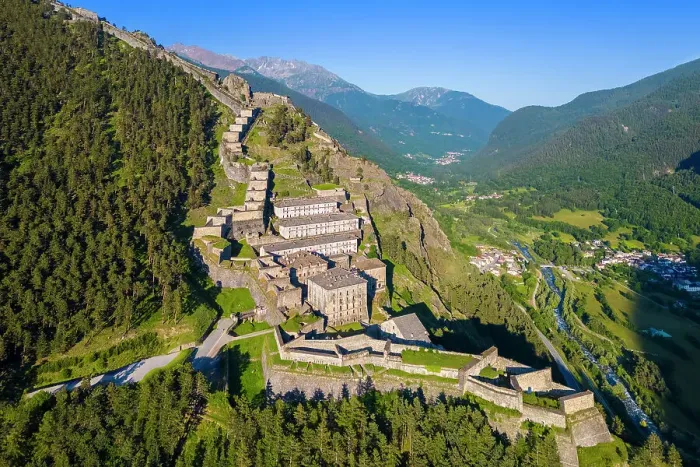 Framed Print : Aerial view of the Fenestrelle fortress watching over Chisone Valley. Orsiera Rocciavre Park, Chisone Valley, Turin, Piedmont, Italy Framed Print : Aerial view of the Fenestrelle fortress watching over Chisone Valley. Orsiera Rocciavre Park, Chisone Valley, Turin, Piedmont, Italy