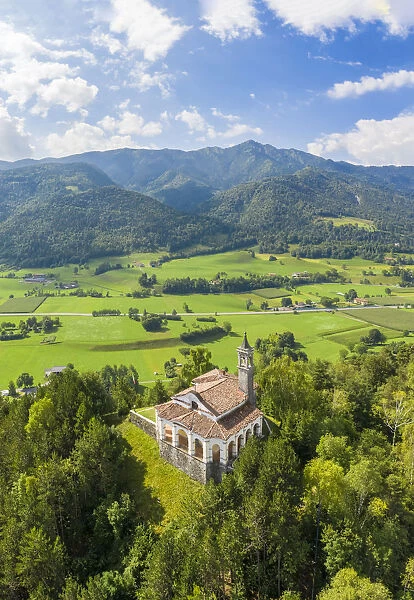 Aerial view of the fields surrounding the small church of Chiesa della Santissima