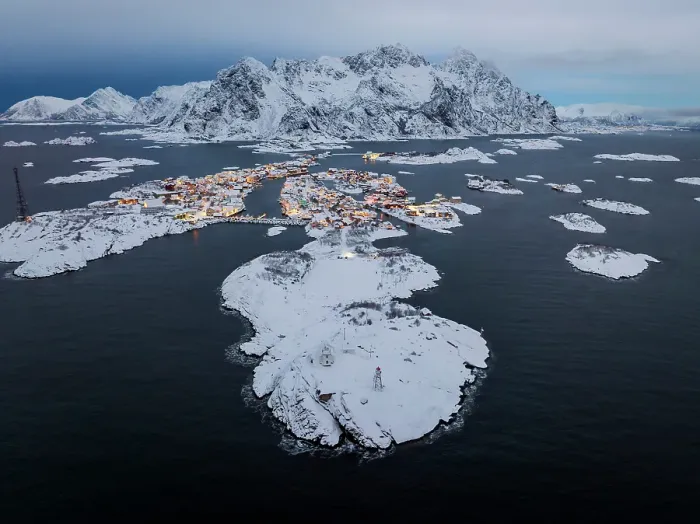 Framed Print : Aerial view of the fishing village of Henningsvaer, Lofoten islands, Norway