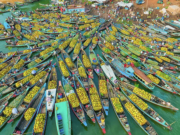 Aerial view of floating market of seasonal fruits on the boats in Kaptai Lake, Rangamati, Bangladesh