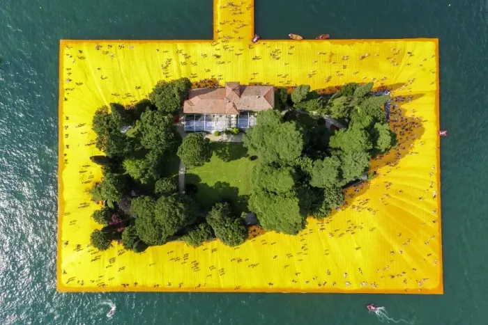 Framed Print : Aerial view of The Floating Piers in Iseo Lake, Brescia, Italy, Europe Framed Print : Aerial view of The Floating Piers in Iseo Lake, Brescia, Italy, Europe