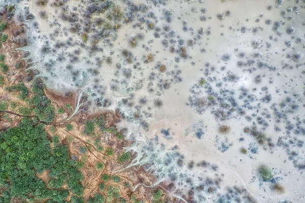 Aerial view of floded banks of lake Bogoria, where lesser and greater flamingos gather