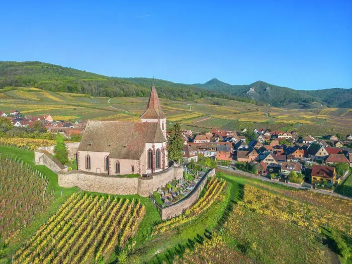 Framed Print : Aerial view at fortified church of Saint Jacques, Hunawihr, Haut-Rhin, Alsace, Alsace-Champagne-Ardenne-Lorraine, Grand Est, France Framed Print : Aerial view at fortified church of Saint Jacques, Hunawihr, Haut-Rhin, Alsace, Alsace-Champagne-Ardenne-Lorraine, Grand Est, France