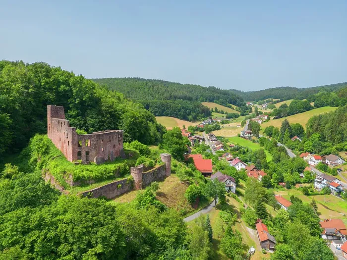 Framed Print : Aerial view at Freienstein castle, Odenwald, Hesse, Germany Framed Print : Aerial view at Freienstein castle, Odenwald, Hesse, Germany