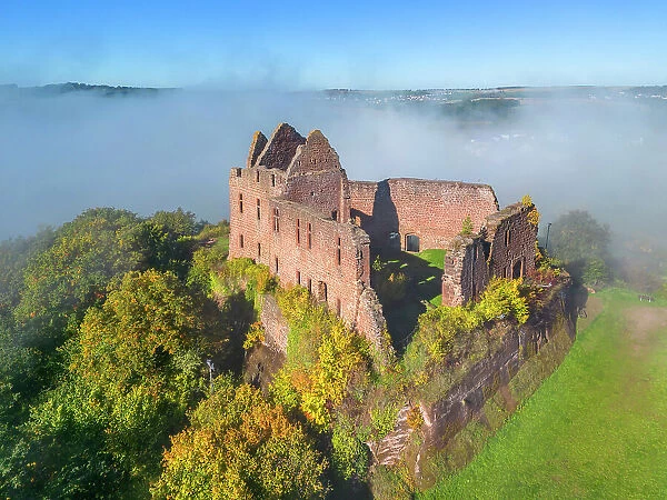 Aerial view at Freudenburg castle, Freundenburg, Hunsruck, Rhineland-Palatinate, Germany
