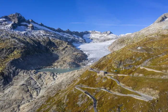 Framed Print : Aerial view on Furka pass road and Rhone glacier, Valais, Switzerland Framed Print : Aerial view on Furka pass road and Rhone glacier, Valais, Switzerland