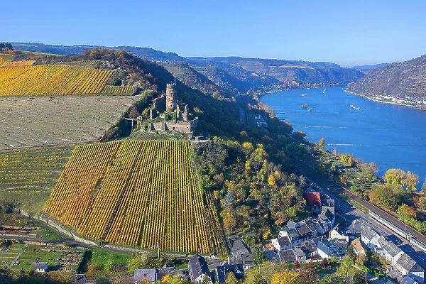 Aerial view at the Furstenberg castle, Oberdiebach, Rhine valley, Rhineland-Palatinate, Germany