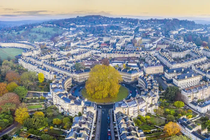 Framed Print : Aerial view over the Georgian housing of The Circus, Bath, Somerset, England Framed Print : Aerial view over the Georgian housing of The Circus, Bath, Somerset, England