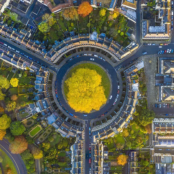 Aerial view over the Georgian housing of The Circus, Bath, Somerset, England