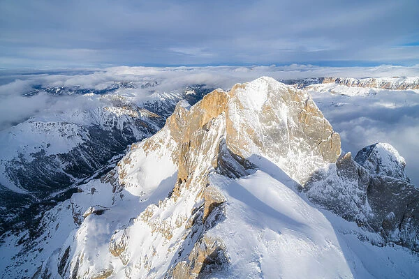 Aerial view of Gran Vernel peak in winter, Marmolada group, Dolomites
