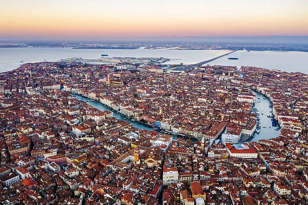 Aerial view of Grand Canal at sunrise, Venice, Italy