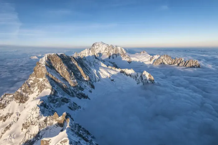 Framed Print : Aerial view of Grandes Jorasses and Mont Blanc in background during sunrise, Courmayeur Framed Print : Aerial view of Grandes Jorasses and Mont Blanc in background during sunrise, Courmayeur