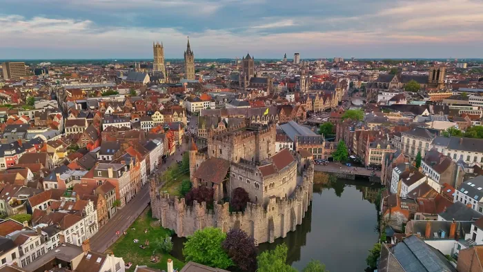 Framed Print : Aerial View over Gravensteen Castle, Ghent, Belgiium Framed Print : Aerial View over Gravensteen Castle, Ghent, Belgiium