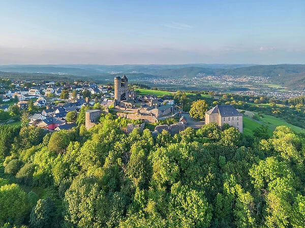 Aerial view at Greifenstein castle, Glockenmuseum, Lahn-Dill-Kreis, Lahn, Westerwald, Hesse, Germay