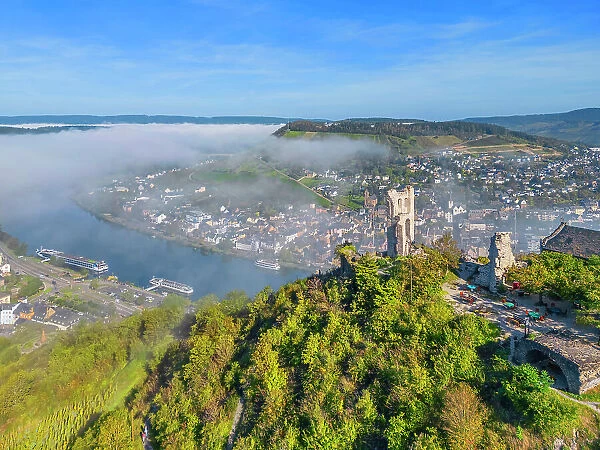 Aerial view at Grevenburg castle ruin with morning fog, Traben-Trarbach, Moselle valley, Rhineland-Palatinate, Germany