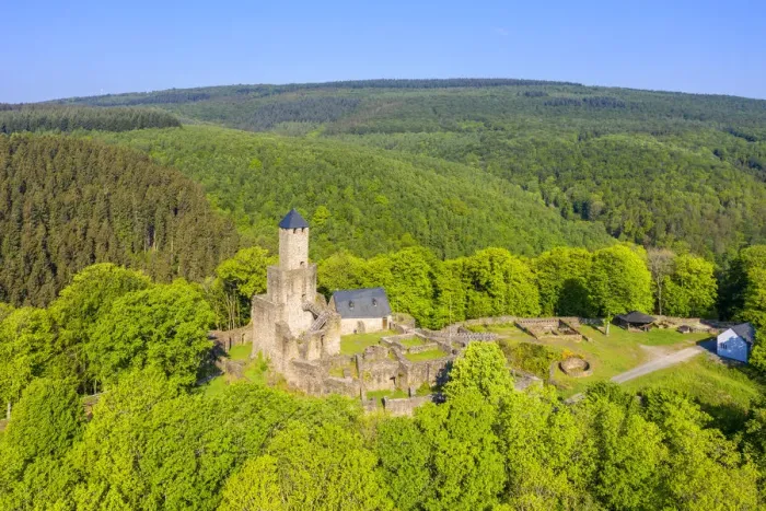 Framed Print : Aerial view on Grimburg castle near Kell am See, Hunsruck, Rhineland-Palatinate, Germany Framed Print : Aerial view on Grimburg castle near Kell am See, Hunsruck, Rhineland-Palatinate, Germany