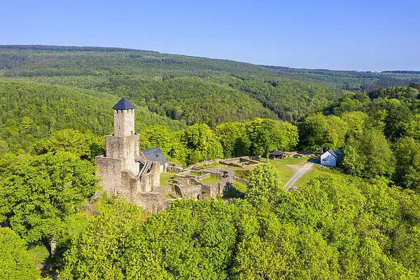 Aerial view on Grimburg castle near Kell am See, Hunsruck, Rhineland-Palatinate, Germany