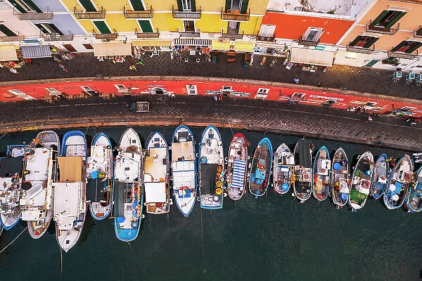 Aerial view of the harbour of Ponza with colorful facades and fishing vessels, Ponza island, Pontine islands, Latium, Italy