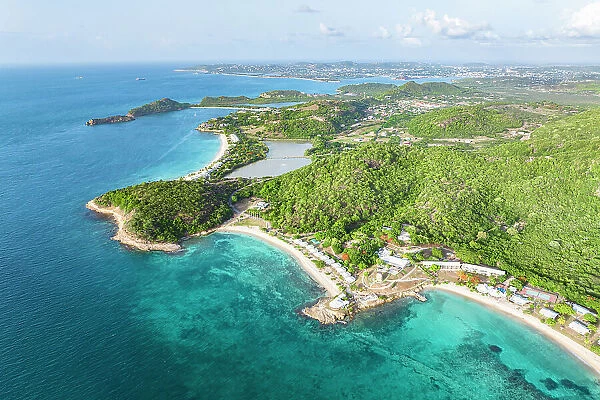 Aerial view of Hawksbill and Galley Bay beach facing the blue Caribbean Sea, Antigua, Antigua & Barbuda, West Indies