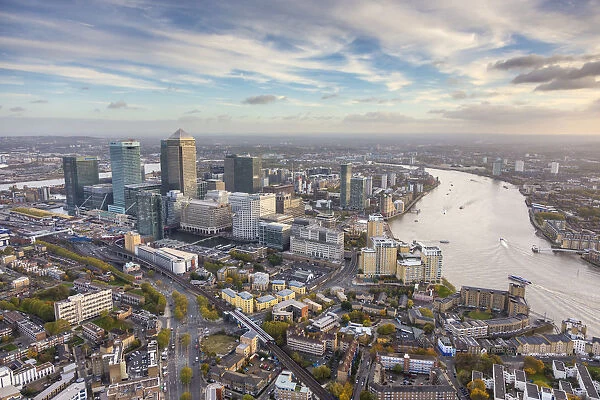 Aerial view from helicopter, Canary Wharf, London, England