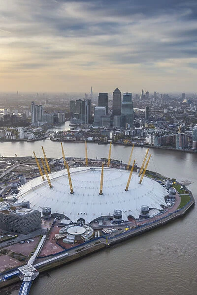 Aerial view from helicopter, Canary Wharf & O2 Arena, London, England