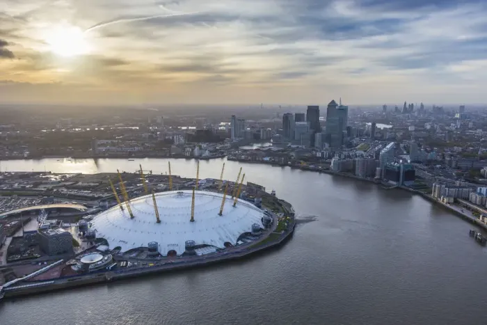 Framed Print : Aerial view from helicopter, Canary Wharf & O2 Arena, London, England Framed Print : Aerial view from helicopter, Canary Wharf & O2 Arena, London, England