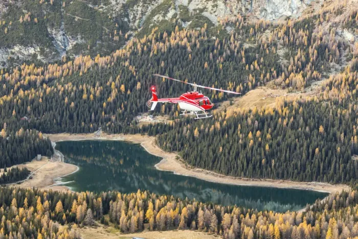 Framed Print : Aerial view of helicopter in flight on Lake Pal√πduring autumn Framed Print : Aerial view of helicopter in flight on Lake Pal√πduring autumn