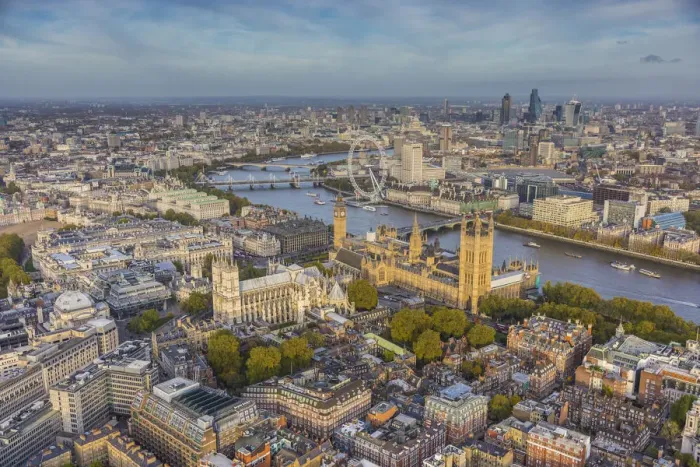 Framed Print : Aerial view from helicopter, Houses of Parliament, River Thames, London, England