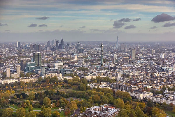 Aerial view from helicopter, Regents Park, BT Tower, The Shard & City of London, London