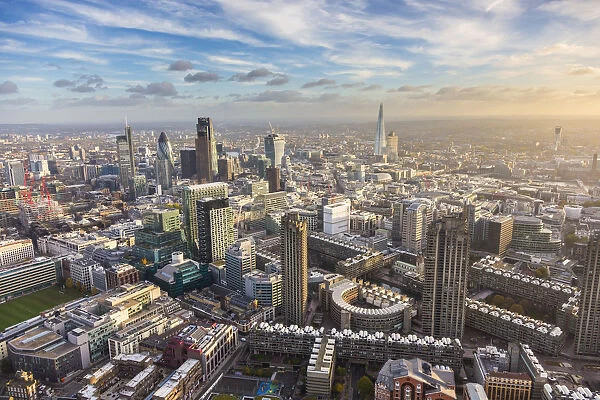 Aerial view from helicopter, The Shard & City of London, London, England