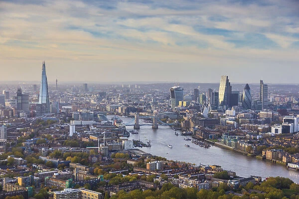 Aerial view from helicopter, The Shard, River Thames and the City of London, London