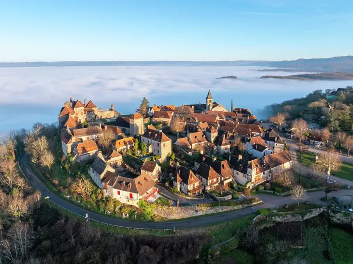 Framed Print : Aerial view of the hilltop village of Loubressac above the fog, Loubressac, Lot, Occitanie, France