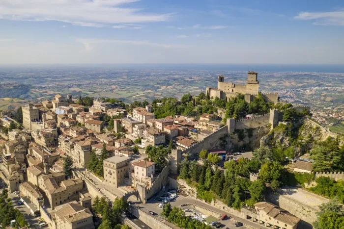 Framed Print : Aerial view of the historic centre San Marino, San Marino, Italy Framed Print : Aerial view of the historic centre San Marino, San Marino, Italy
