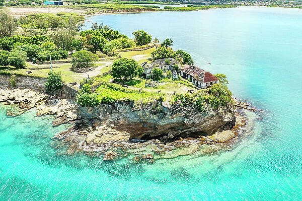 Aerial view of historic Fort James military building by the crystal sea, St. John's, Antigua, Antigua & Barbuda, Caribbean